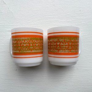 Set of 2 Vintage Stacking Milk Glass Mugs Retro 70s Abstract Orange Design 10oz